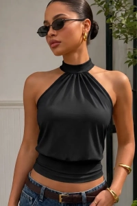 Bele Oturan Bağcıklı Esnek Crop top bluz